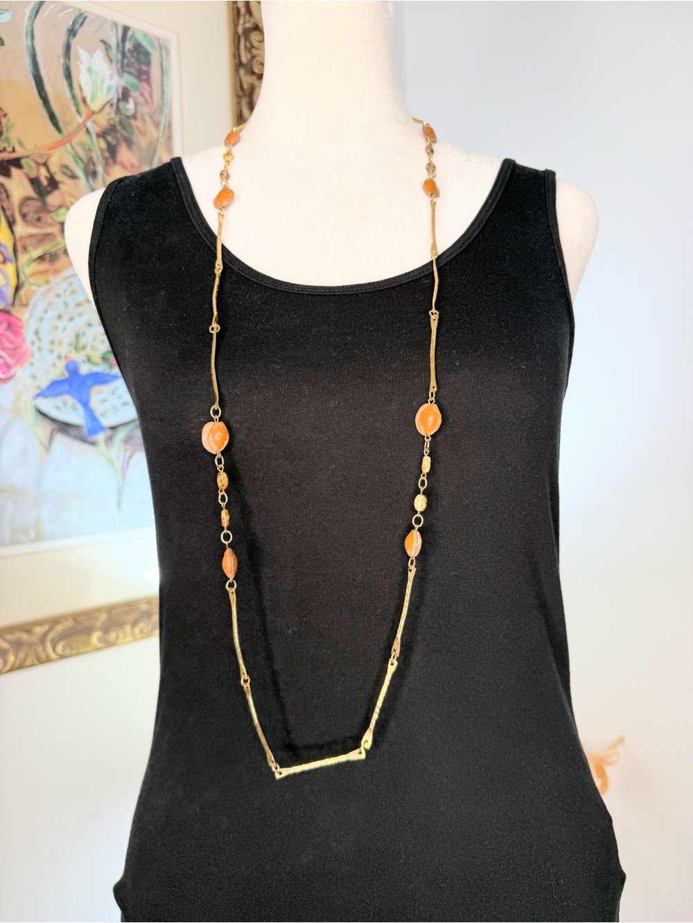 Long Gold Tone Orange Seed Bead Necklace 40” Boho Statement Artisan Style